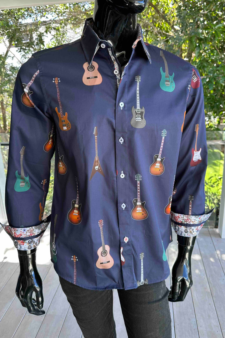 ROCK & ROLL RELIGION Mens Hearsley Long Sleeve Shirt in Midnight Guitar Print