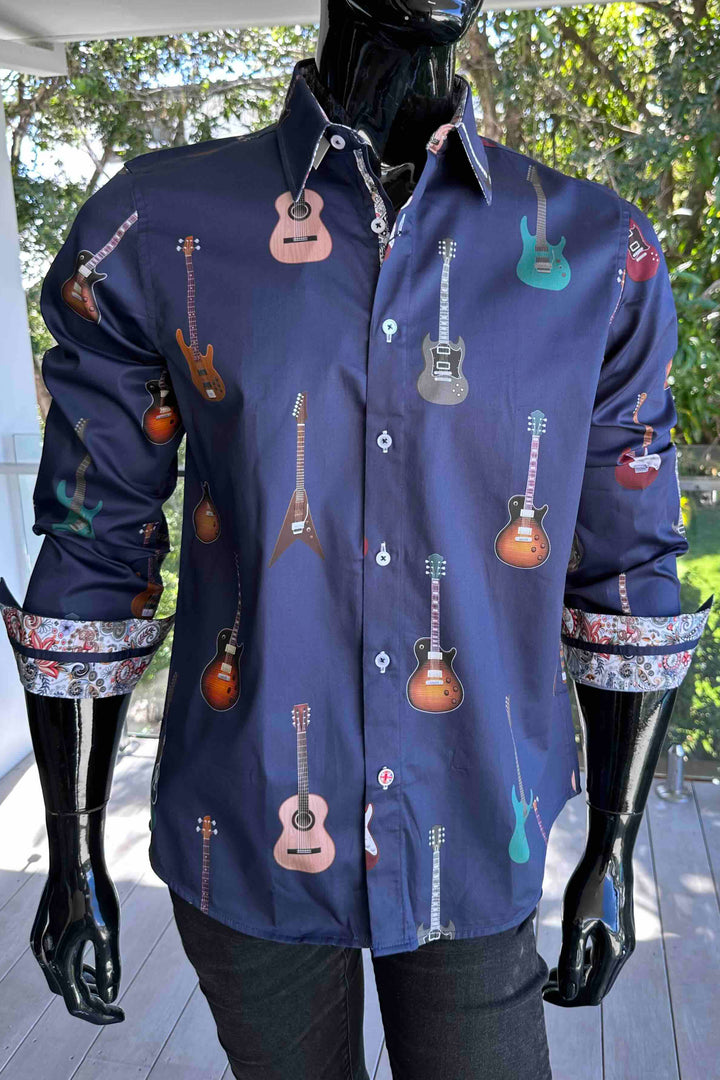 ROCK & ROLL RELIGION Mens Hearsley Long Sleeve Shirt in Midnight Guitar Print