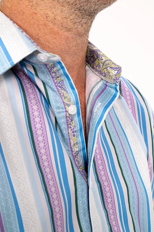 ROCK & ROLL RELIGION Mens Farnworth Stripe Long Sleeve Shirt in Teal
