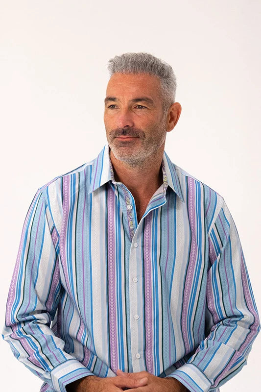 ROCK & ROLL RELIGION Mens Farnworth Stripe Long Sleeve Shirt in Teal
