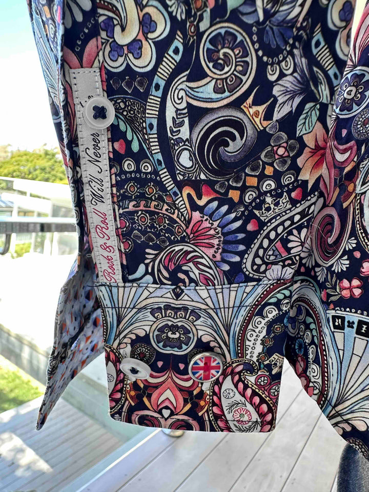 ROCK & ROLL RELIGION Mens Stretford Long Sleeve Paisley Shirt in Navy