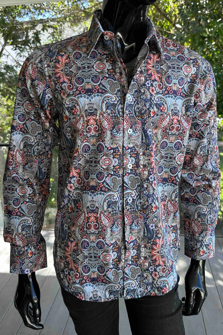 ROCK & ROLL RELIGION Mens Stretford Long Sleeve Paisley Shirt in Navy