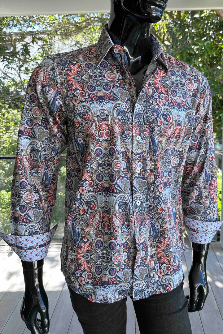 ROCK & ROLL RELIGION Mens Stretford Long Sleeve Paisley Shirt in Navy