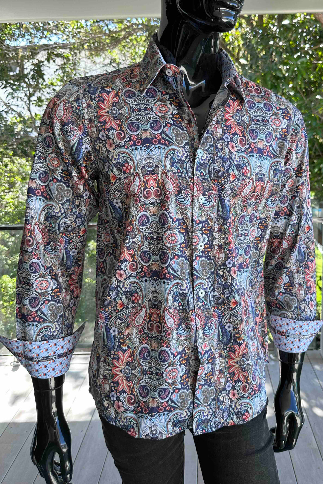 ROCK & ROLL RELIGION Mens Stretford Long Sleeve Paisley Shirt in Navy
