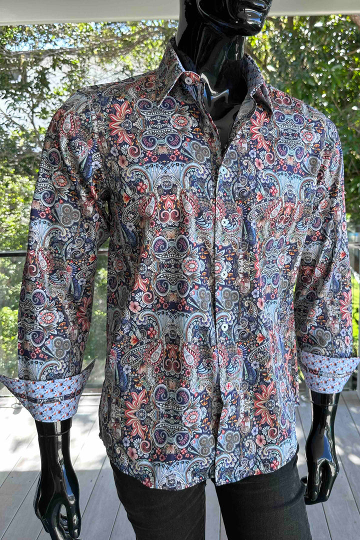 ROCK & ROLL RELIGION Mens Stretford Long Sleeve Paisley Shirt in Navy