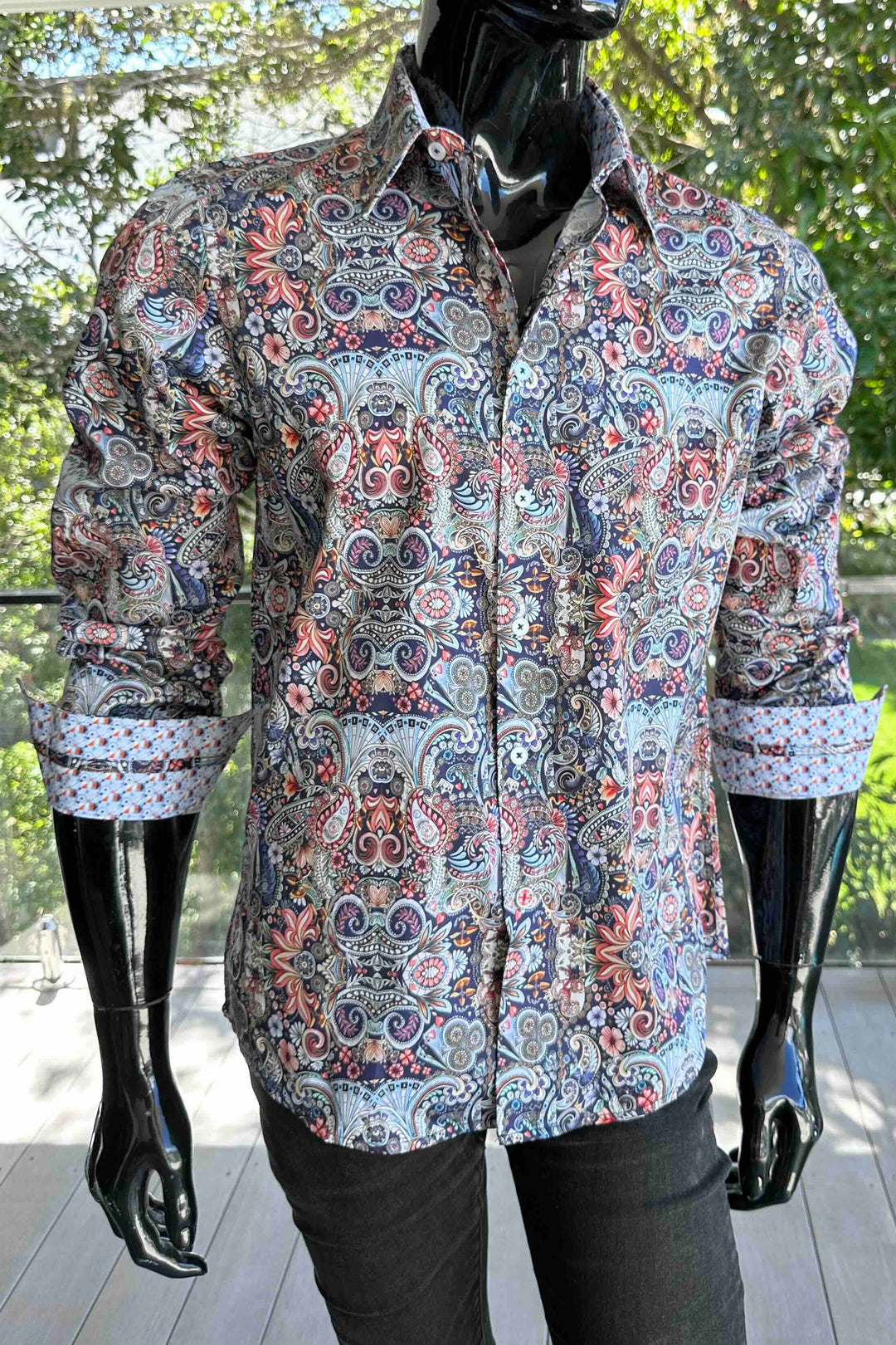 ROCK & ROLL RELIGION Mens Stretford Long Sleeve Paisley Shirt in Navy