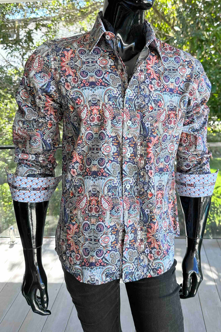 ROCK & ROLL RELIGION Mens Stretford Long Sleeve Paisley Shirt in Navy