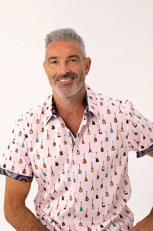 ROCK & ROLL RELIGION Mens Swinton Short Sleeve Shirt in Pink Guitar Print