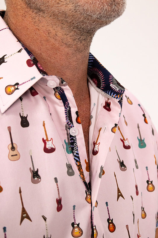 ROCK & ROLL RELIGION Mens Swinton Short Sleeve Shirt in Pink Guitar Print