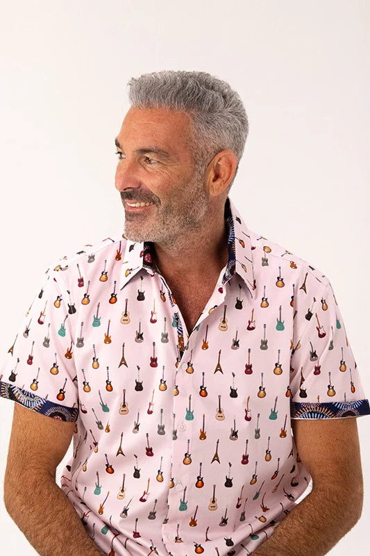 ROCK & ROLL RELIGION Mens Swinton Short Sleeve Shirt in Pink Guitar Print