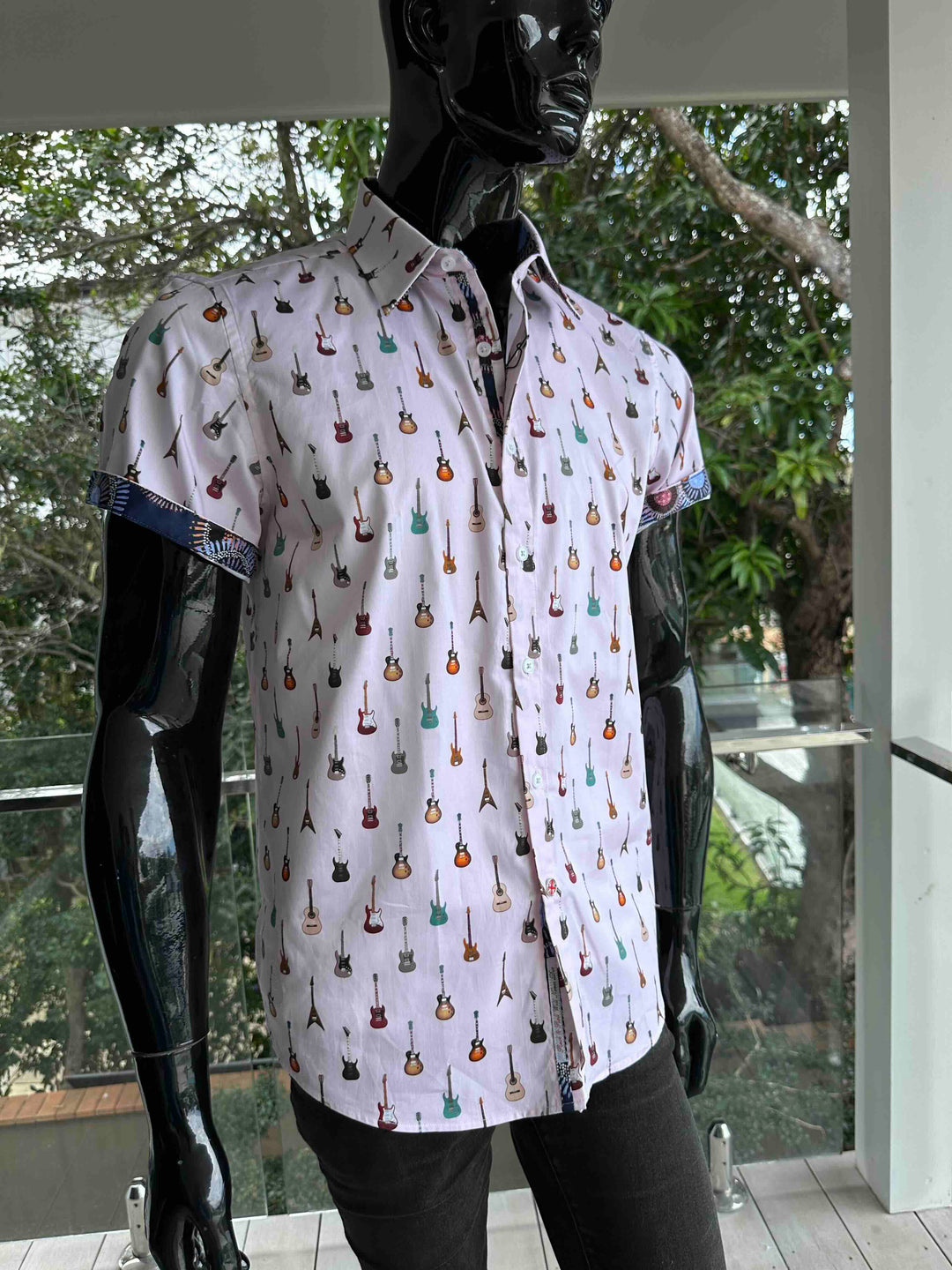 ROCK & ROLL RELIGION Mens Swinton Short Sleeve Shirt in Pink Guitar Print