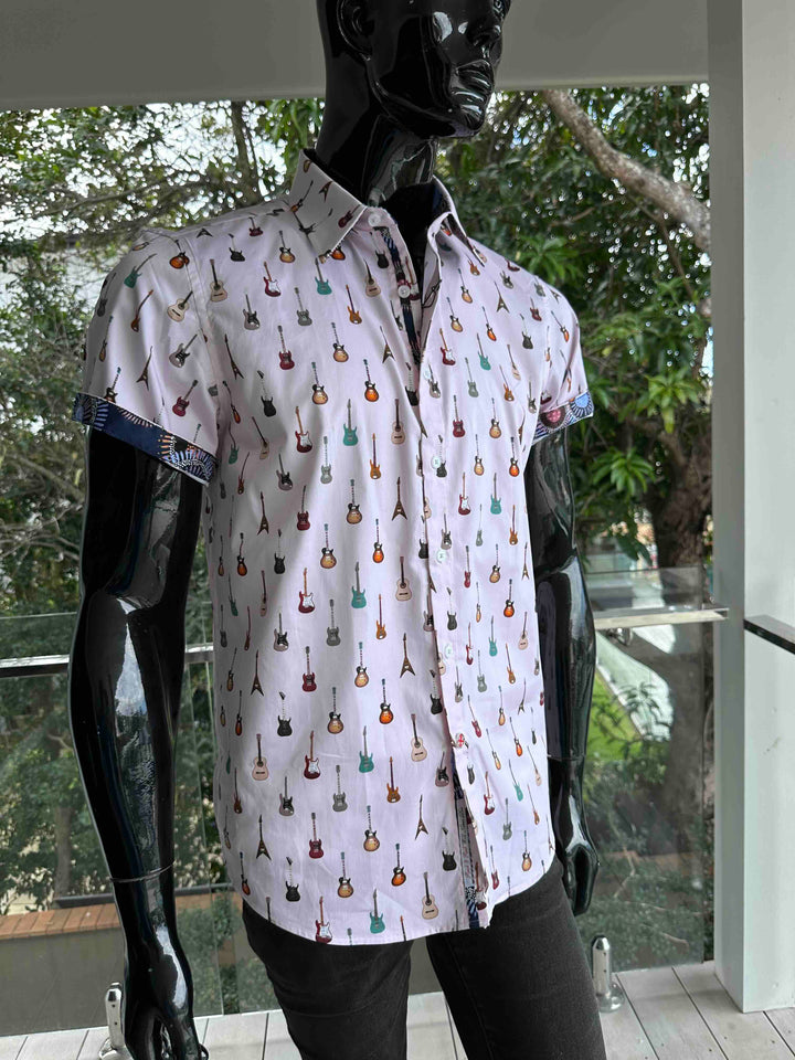 ROCK & ROLL RELIGION Mens Swinton Short Sleeve Shirt in Pink Guitar Print