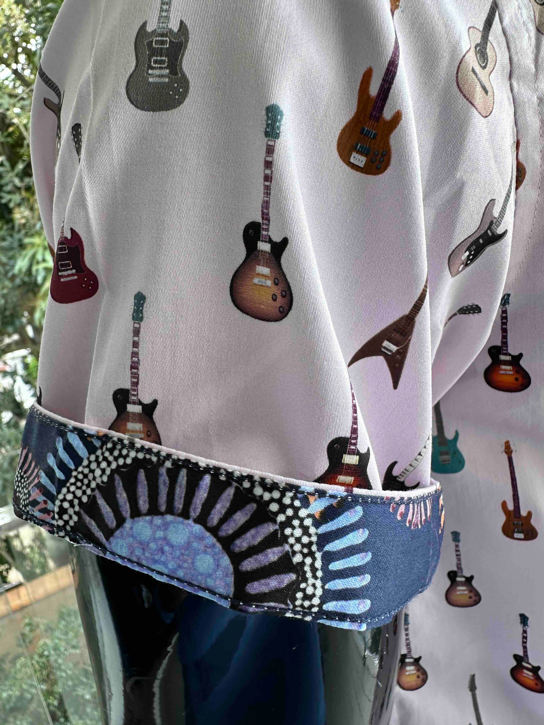 ROCK & ROLL RELIGION Mens Swinton Short Sleeve Shirt in Pink Guitar Print