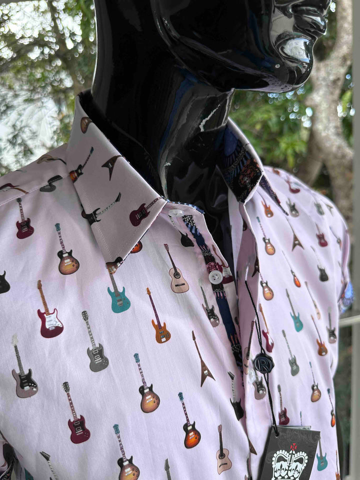 ROCK & ROLL RELIGION Mens Swinton Short Sleeve Shirt in Pink Guitar Print