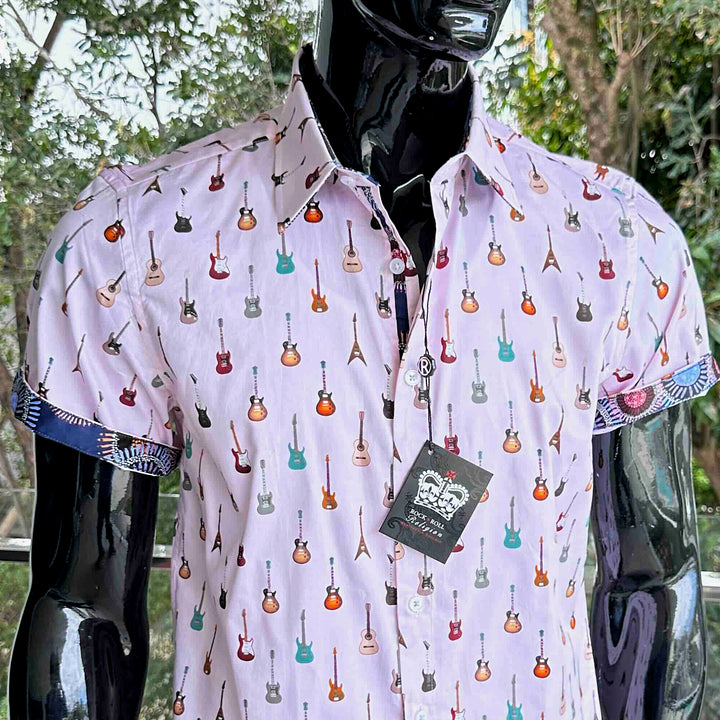 ROCK & ROLL RELIGION Mens Swinton Short Sleeve Shirt in Pink Guitar Print