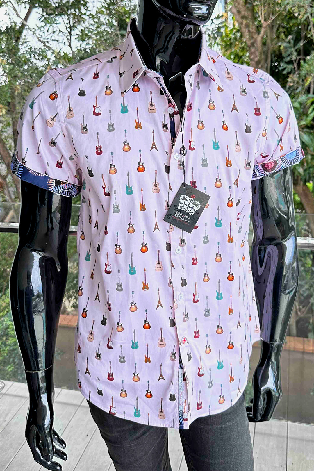ROCK & ROLL RELIGION Mens Swinton Short Sleeve Shirt in Pink Guitar Print