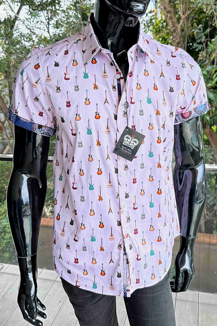 ROCK & ROLL RELIGION Mens Swinton Short Sleeve Shirt in Pink Guitar Print