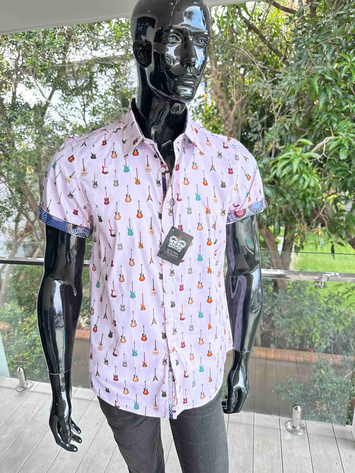 ROCK & ROLL RELIGION Mens Swinton Short Sleeve Shirt in Pink Guitar Print