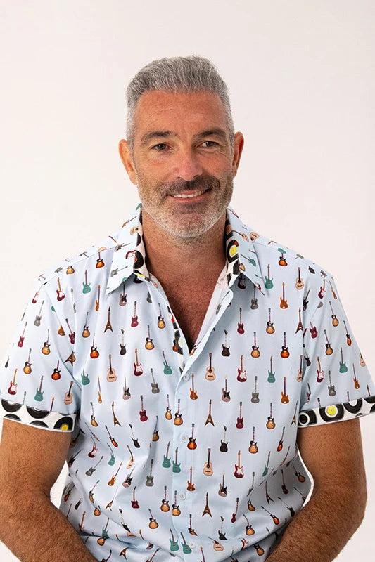 ROCK & ROLL RELIGION Mens Swinton Short Sleeve Shirt in Sky Blue Guitar Print