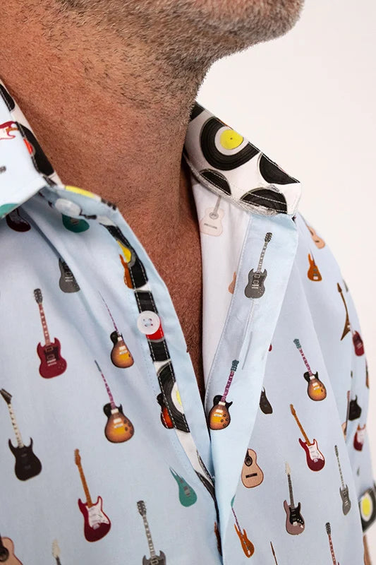 ROCK & ROLL RELIGION Mens Swinton Short Sleeve Shirt in Sky Blue Guitar Print
