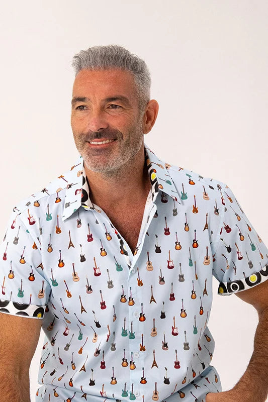 ROCK & ROLL RELIGION Mens Swinton Short Sleeve Shirt in Sky Blue Guitar Print