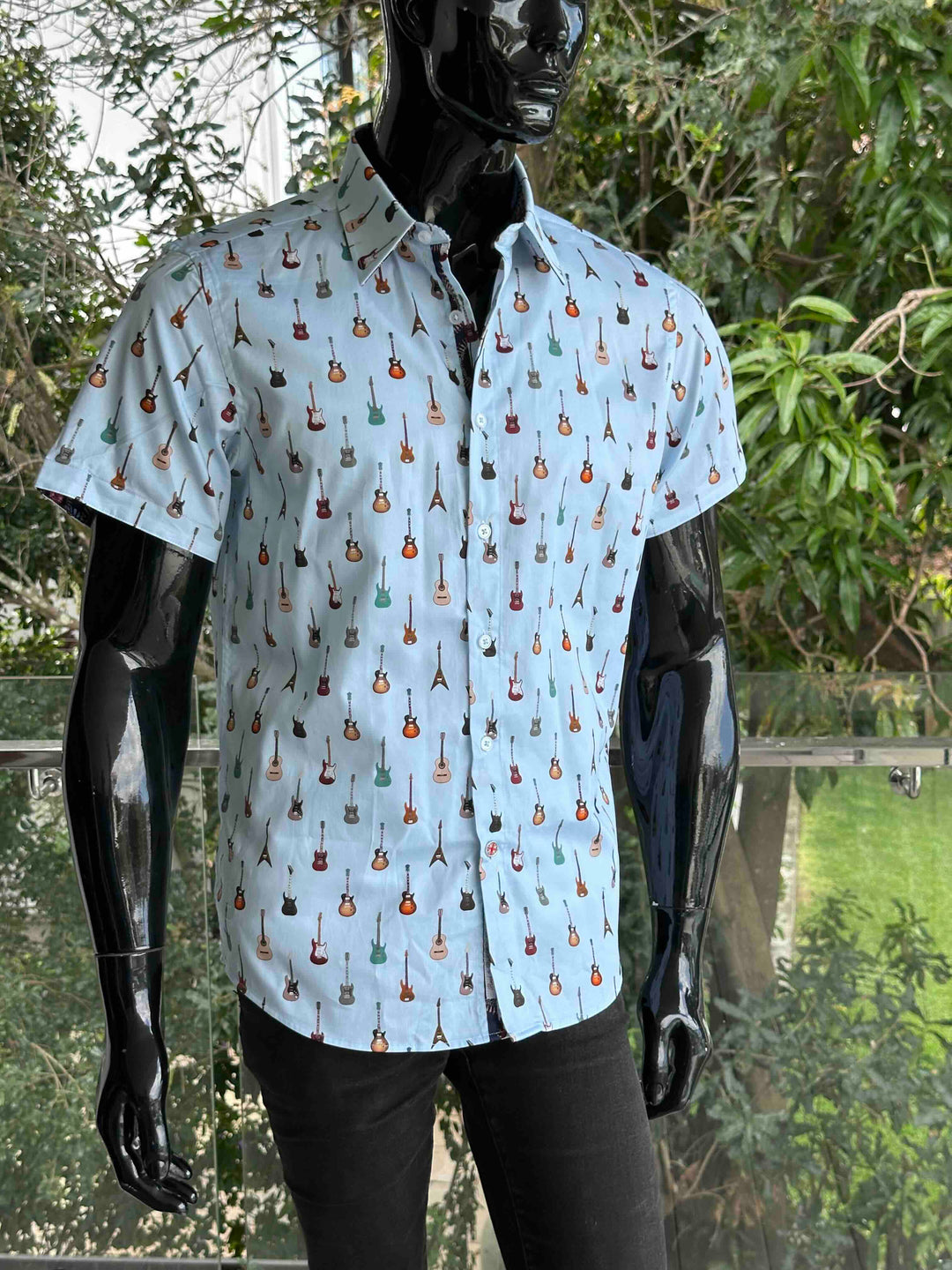 ROCK & ROLL RELIGION Mens Swinton Short Sleeve Shirt in Sky Blue Guitar Print