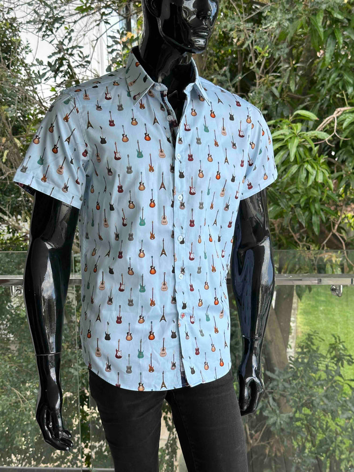ROCK & ROLL RELIGION Mens Swinton Short Sleeve Shirt in Sky Blue Guitar Print