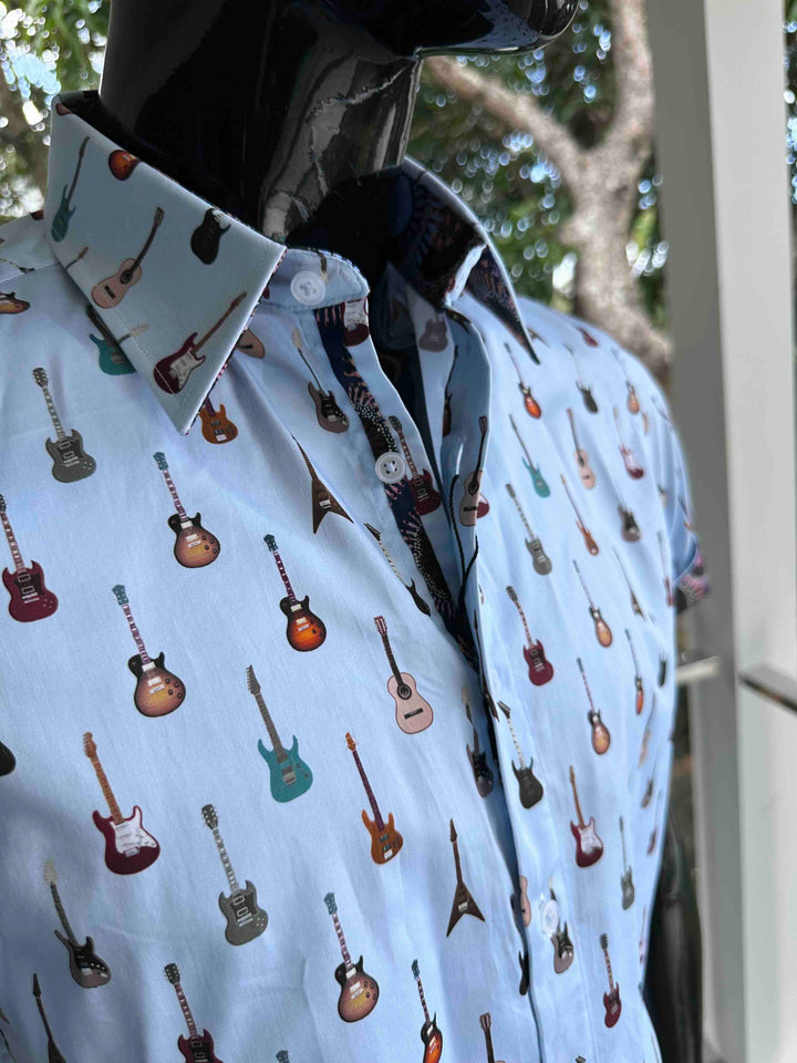 ROCK & ROLL RELIGION Mens Swinton Short Sleeve Shirt in Sky Blue Guitar Print