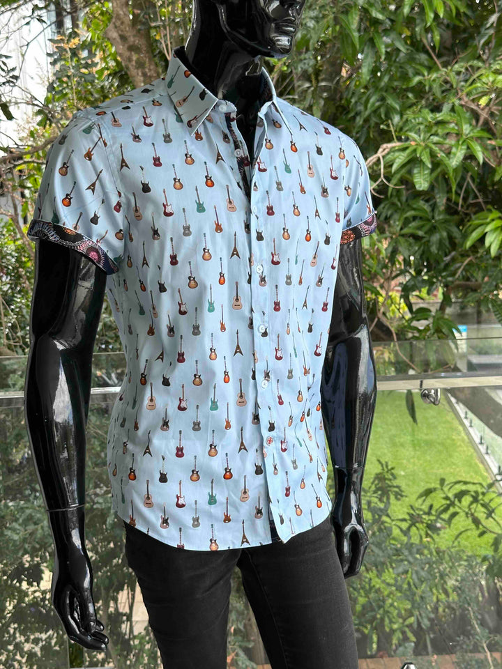 ROCK & ROLL RELIGION Mens Swinton Short Sleeve Shirt in Sky Blue Guitar Print