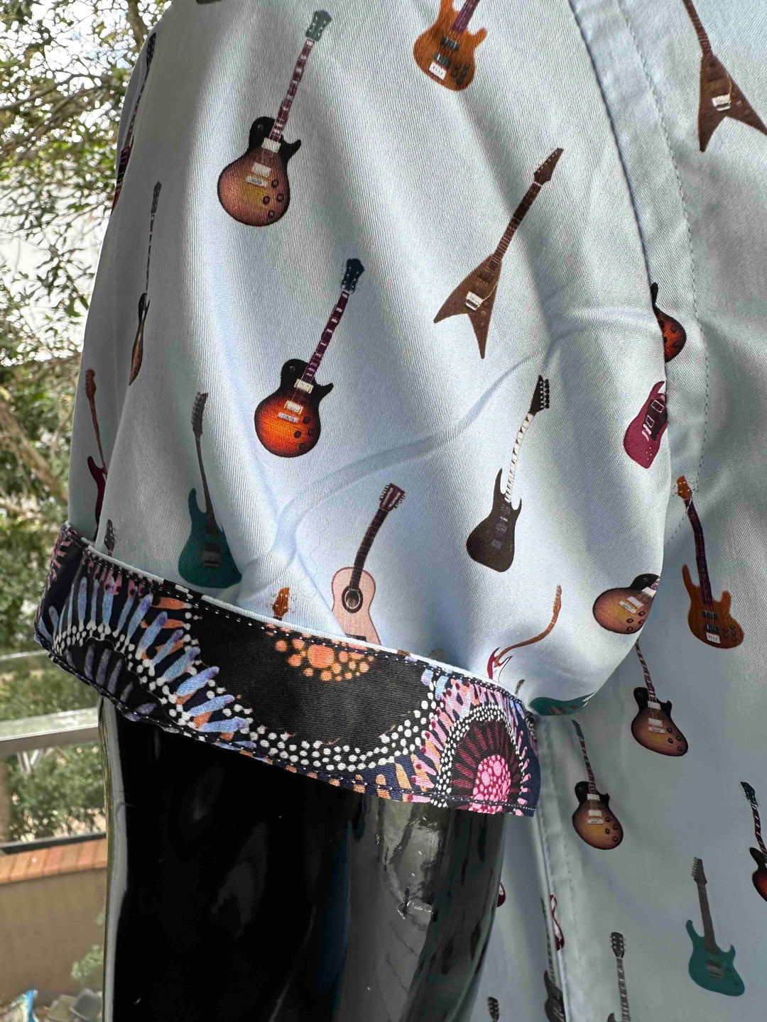 ROCK & ROLL RELIGION Mens Swinton Short Sleeve Shirt in Sky Blue Guitar Print