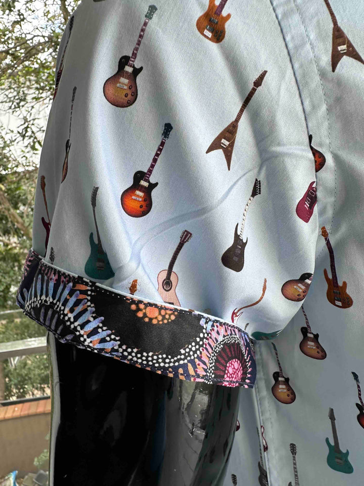 ROCK & ROLL RELIGION Mens Swinton Short Sleeve Shirt in Sky Blue Guitar Print
