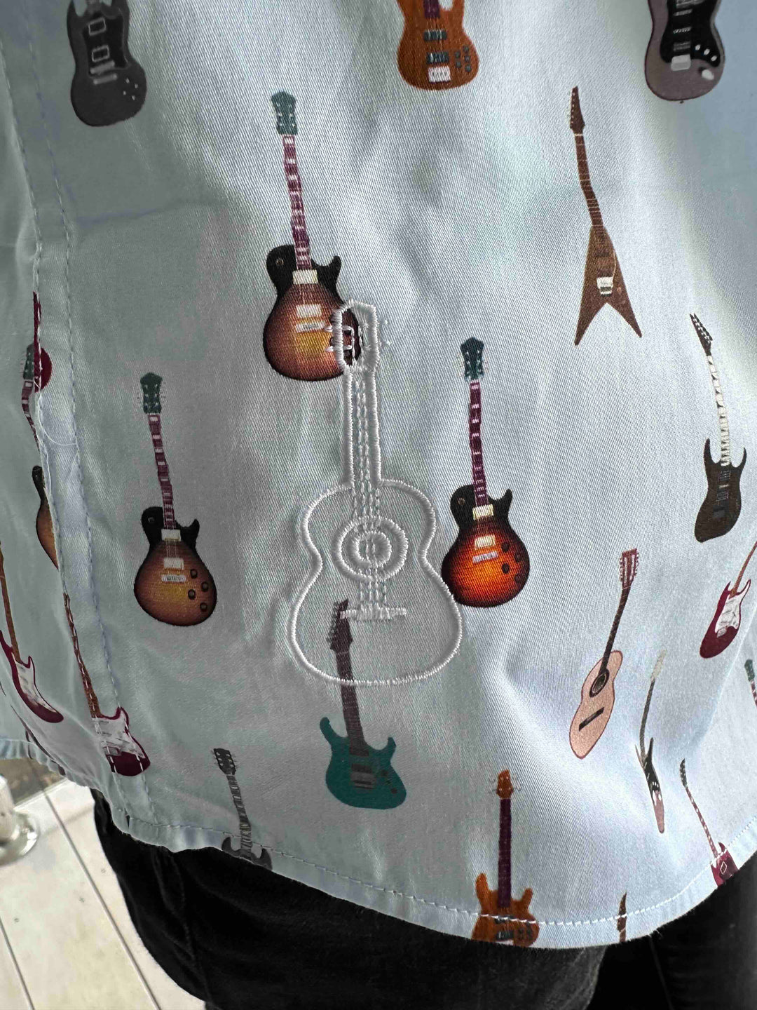 ROCK & ROLL RELIGION Mens Swinton Short Sleeve Shirt in Sky Blue Guitar Print