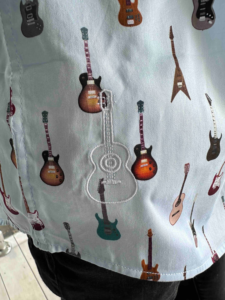 ROCK & ROLL RELIGION Mens Swinton Short Sleeve Shirt in Sky Blue Guitar Print