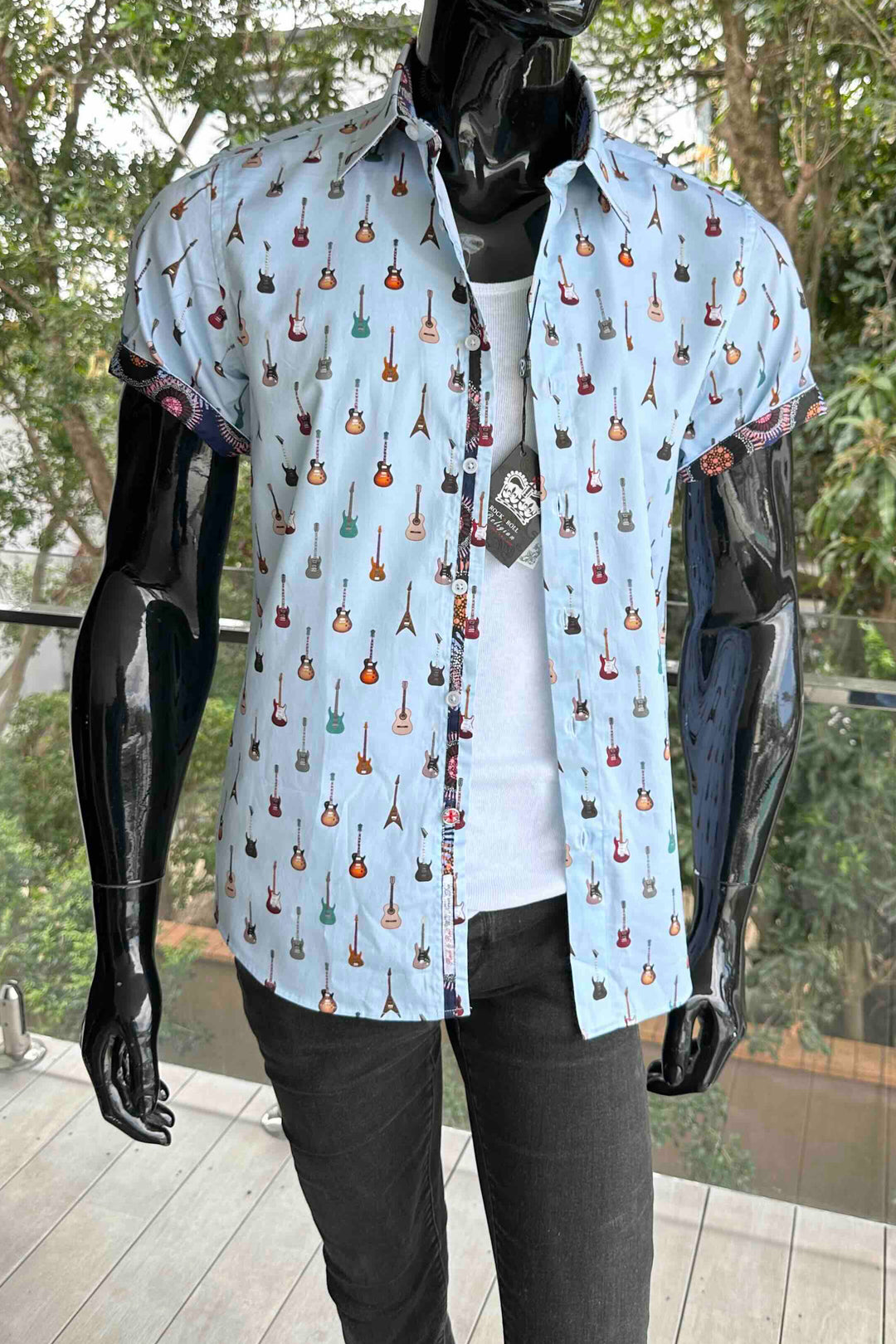 ROCK & ROLL RELIGION Mens Swinton Short Sleeve Shirt in Sky Blue Guitar Print