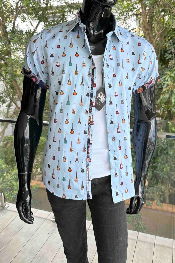 ROCK & ROLL RELIGION Mens Swinton Short Sleeve Shirt in Sky Blue Guitar Print