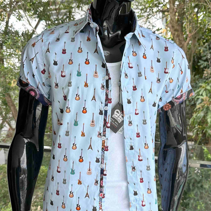 ROCK & ROLL RELIGION Mens Swinton Short Sleeve Shirt in Sky Blue Guitar Print