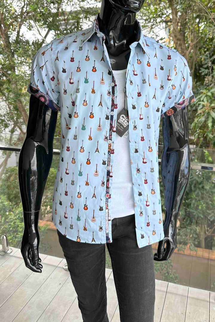 ROCK & ROLL RELIGION Mens Swinton Short Sleeve Shirt in Sky Blue Guitar Print