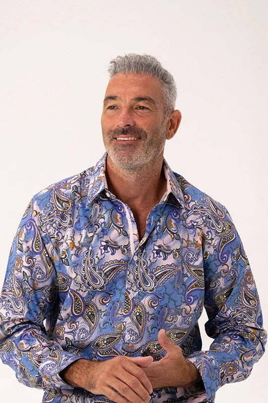 ROCK & ROLL RELIGION Mens Walkden Long Sleeve Paisley Shirt  in Sky, MENS SHIRTS, ROCK & ROLL RELIGION, Elwood 101