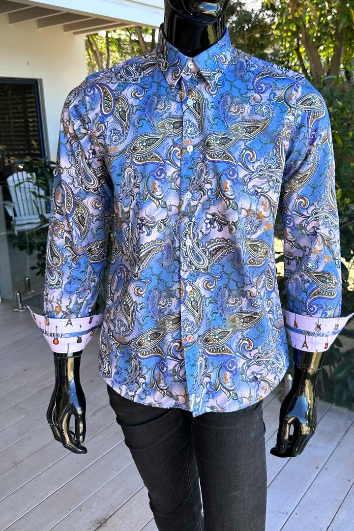 ROCK & ROLL RELIGION Mens Walkden Long Sleeve Paisley Shirt  in Sky, MENS SHIRTS, ROCK & ROLL RELIGION, Elwood 101