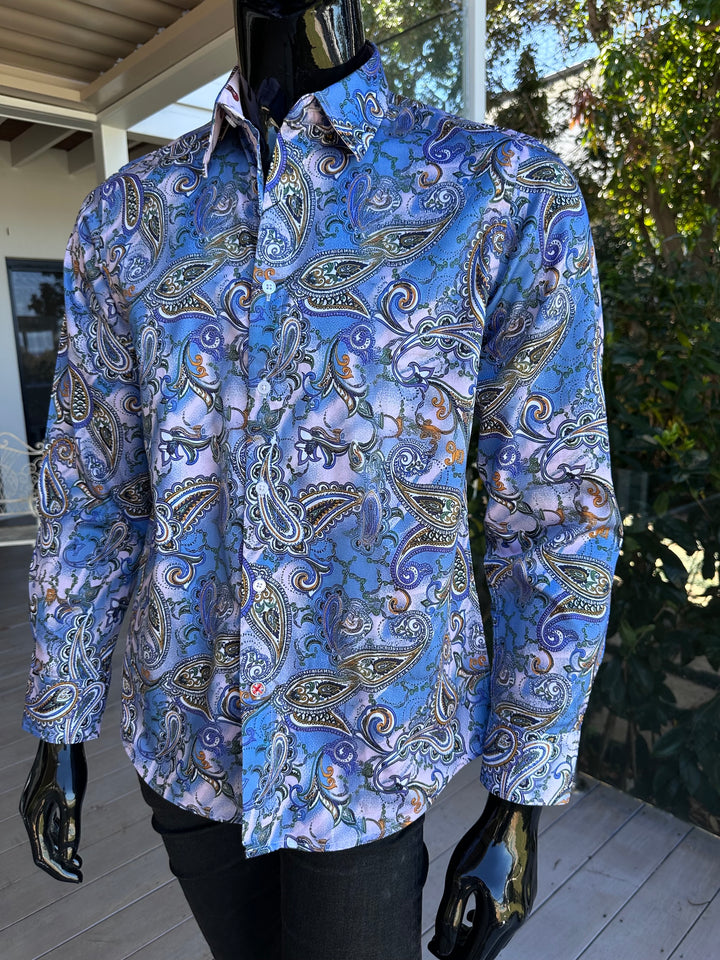 ROCK & ROLL RELIGION Mens Walkden Long Sleeve Paisley Shirt  in Sky, MENS SHIRTS, ROCK & ROLL RELIGION, Elwood 101
