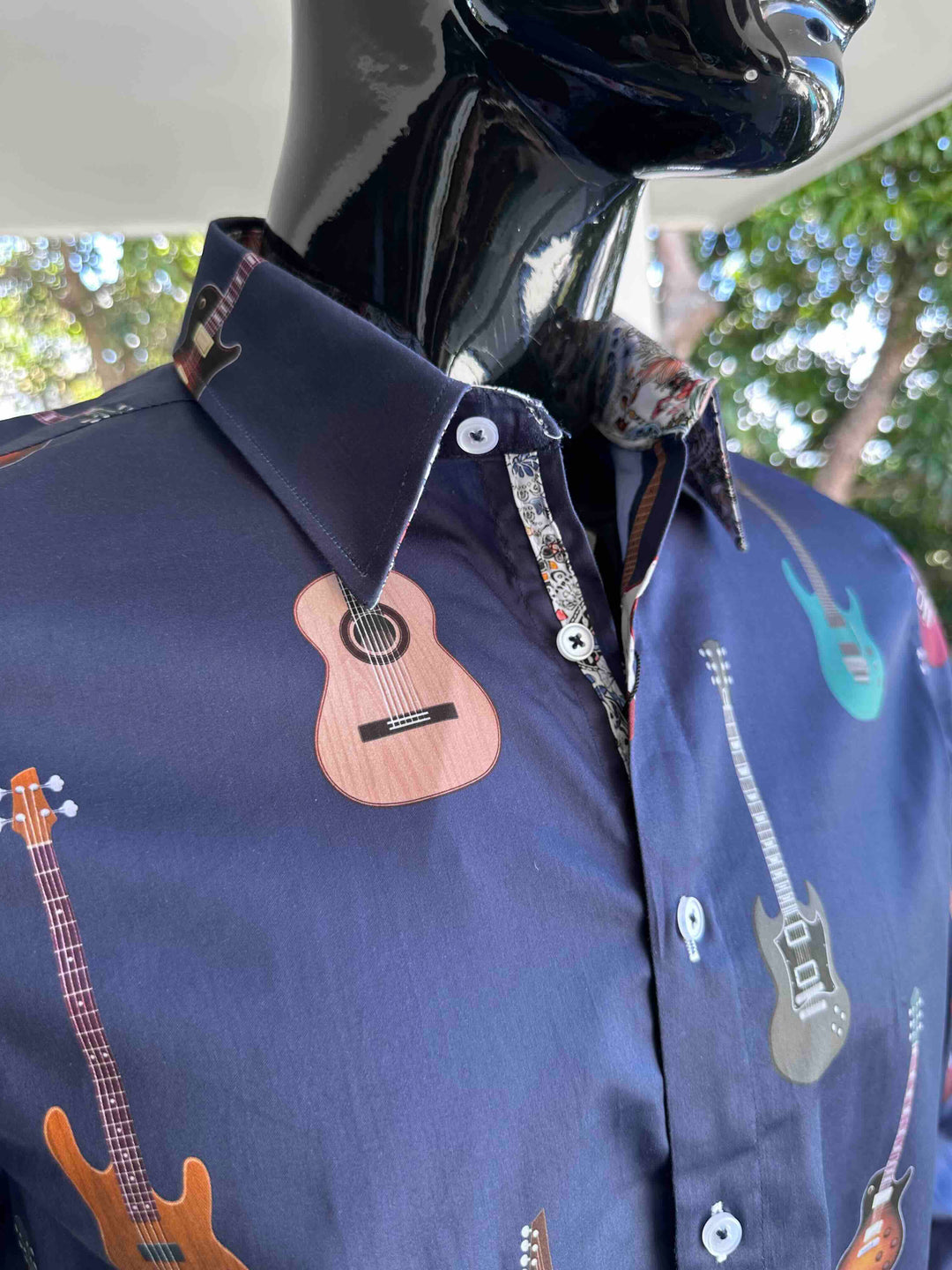 ROCK & ROLL RELIGION Mens Hearsley Long Sleeve Shirt in Midnight Guitar Print