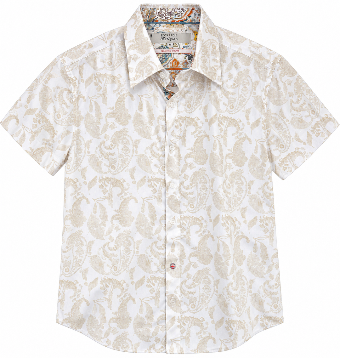 ROCK & ROLL RELIGION Mens Stalybridge Paisley Short Sleeve Shirt in Ecru, MENS SHIRTS, ROCK & ROLL RELIGION, Elwood 101