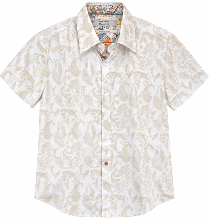 ROCK & ROLL RELIGION Mens Stalybridge Paisley Short Sleeve Shirt in Ecru, MENS SHIRTS, ROCK & ROLL RELIGION, Elwood 101
