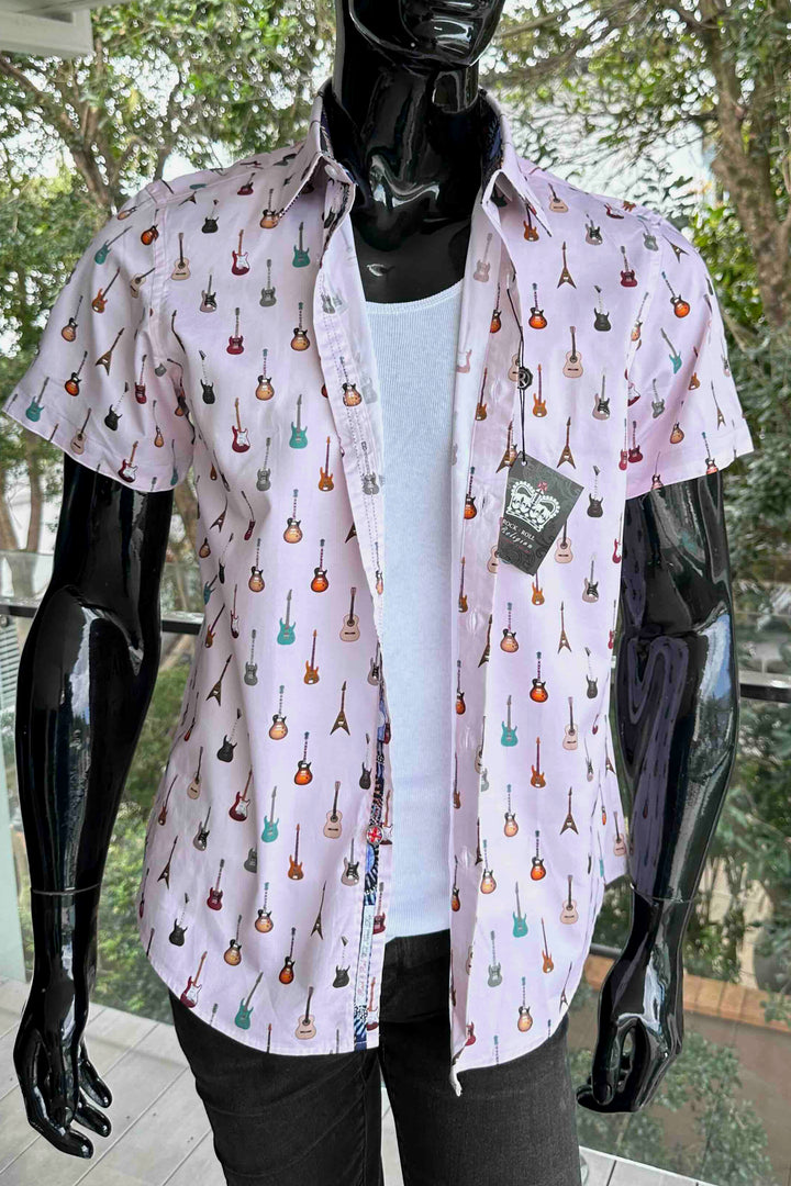 ROCK & ROLL RELIGION Mens Swinton Short Sleeve Shirt in Pink Guitar Print