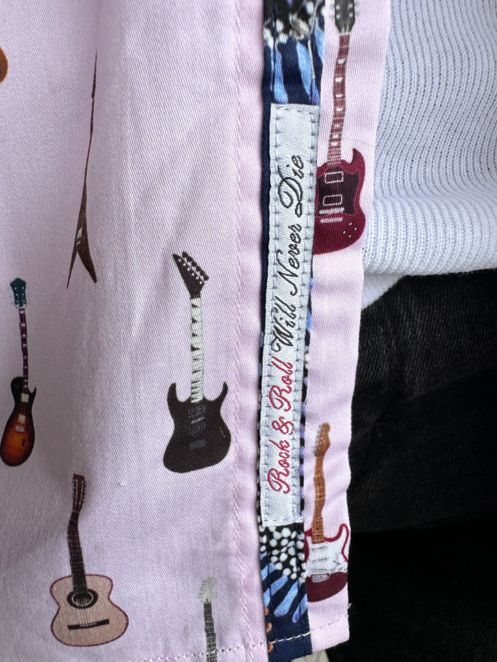 ROCK & ROLL RELIGION Mens Swinton Short Sleeve Shirt in Pink Guitar Print