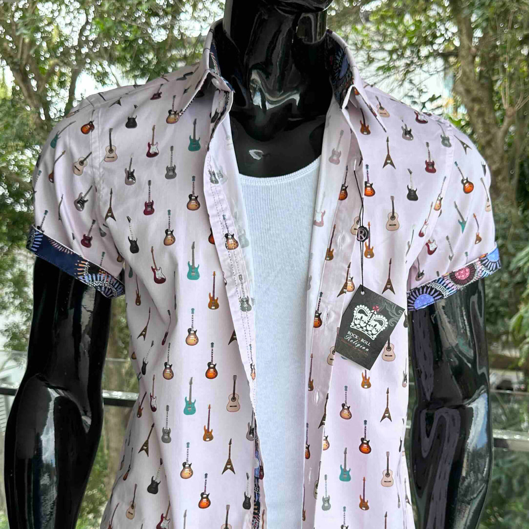 ROCK & ROLL RELIGION Mens Swinton Short Sleeve Shirt in Pink Guitar Print