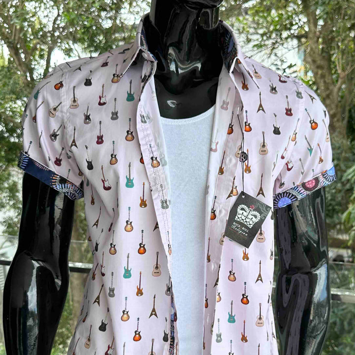 ROCK & ROLL RELIGION Mens Swinton Short Sleeve Shirt in Pink Guitar Print