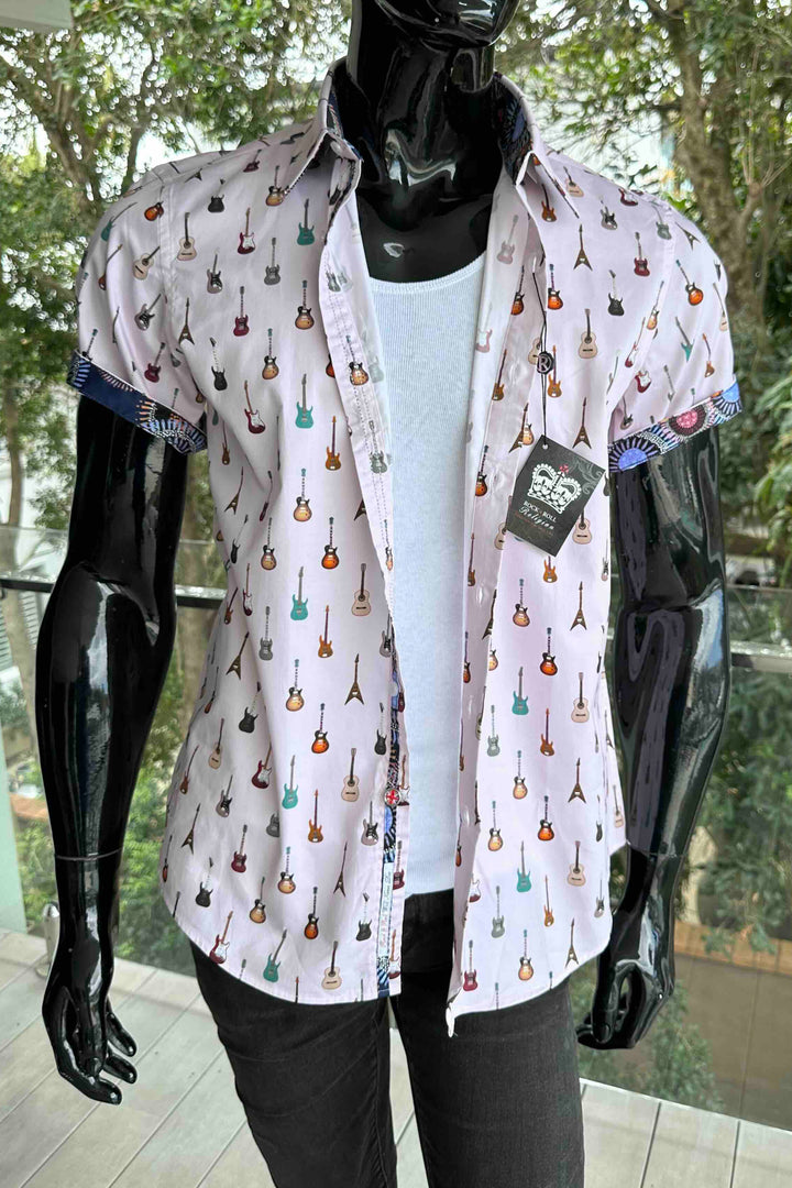 ROCK & ROLL RELIGION Mens Swinton Short Sleeve Shirt in Pink Guitar Print
