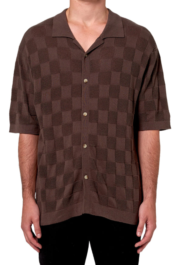 ROLLAS Mens Checker Knit Short Sleeve Shirt - Brown, MENS SHIRTS, ROLLAS, Elwood 101