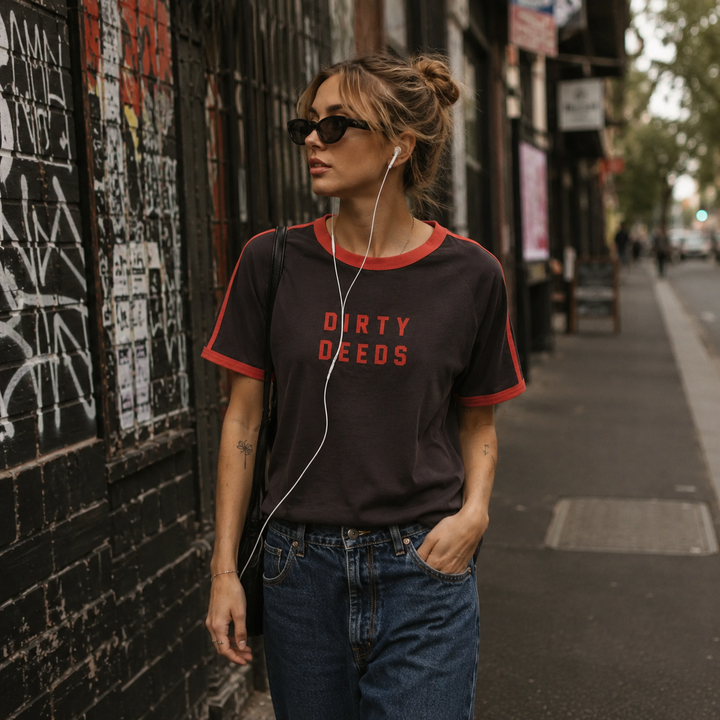 ROLLAS x ACDC Mens Dirty Deeds Ringer Tee - Washed Black, MENS TEE SHIRTS, ROLLA'S, Elwood 101